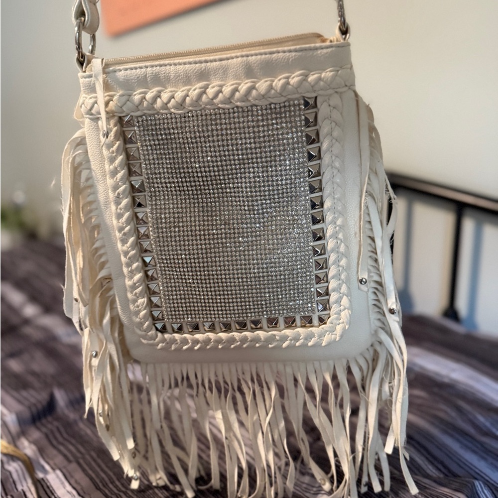 Fringed White Studded Women's Bag